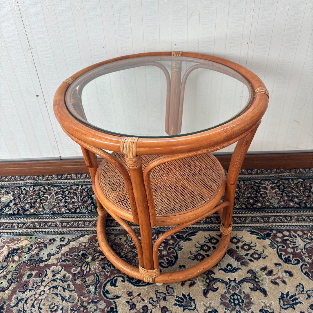 ヴィンテージ ラタン丸型ガラステーブル サイドテーブル 昭和レトロ リゾート家具