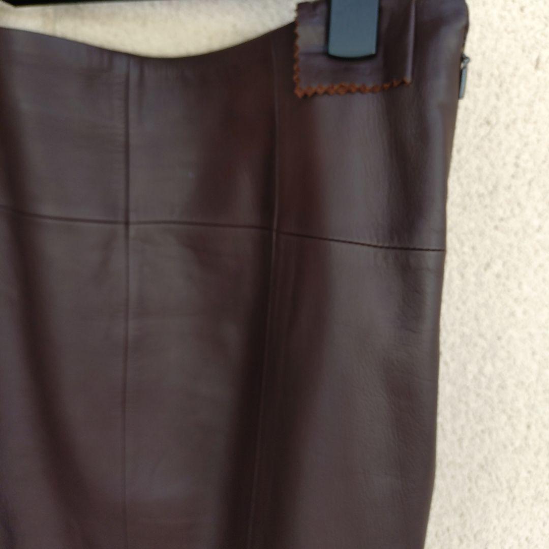 LOEWE ダークブラウン レザー 8枚はぎスカート ひざ丈
