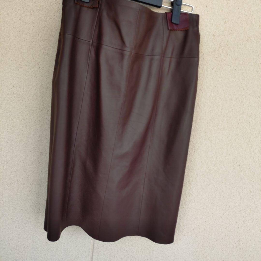 LOEWE ダークブラウン レザー 8枚はぎスカート ひざ丈