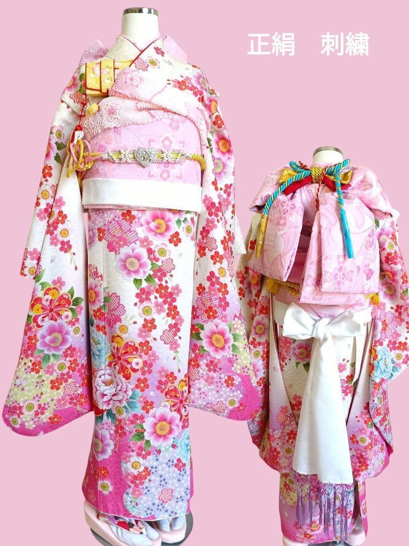 正絹☆刺繍☆白地に花模様の着物とピンク作り帯☆七五三ハーフ成人式フルセット