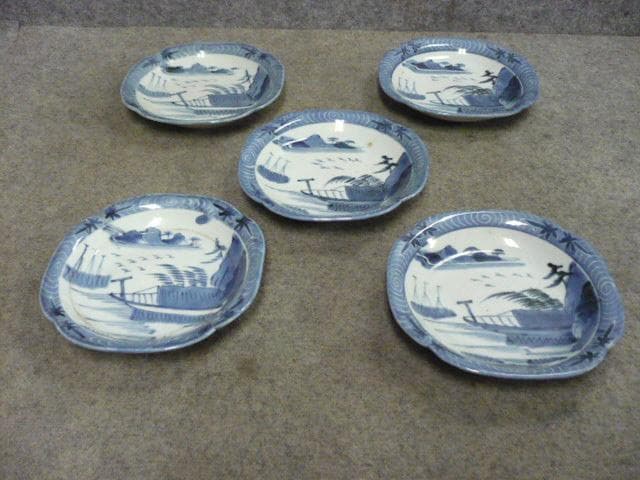 伊万里 海辺の舟 染付 中皿 5枚 [B31367]