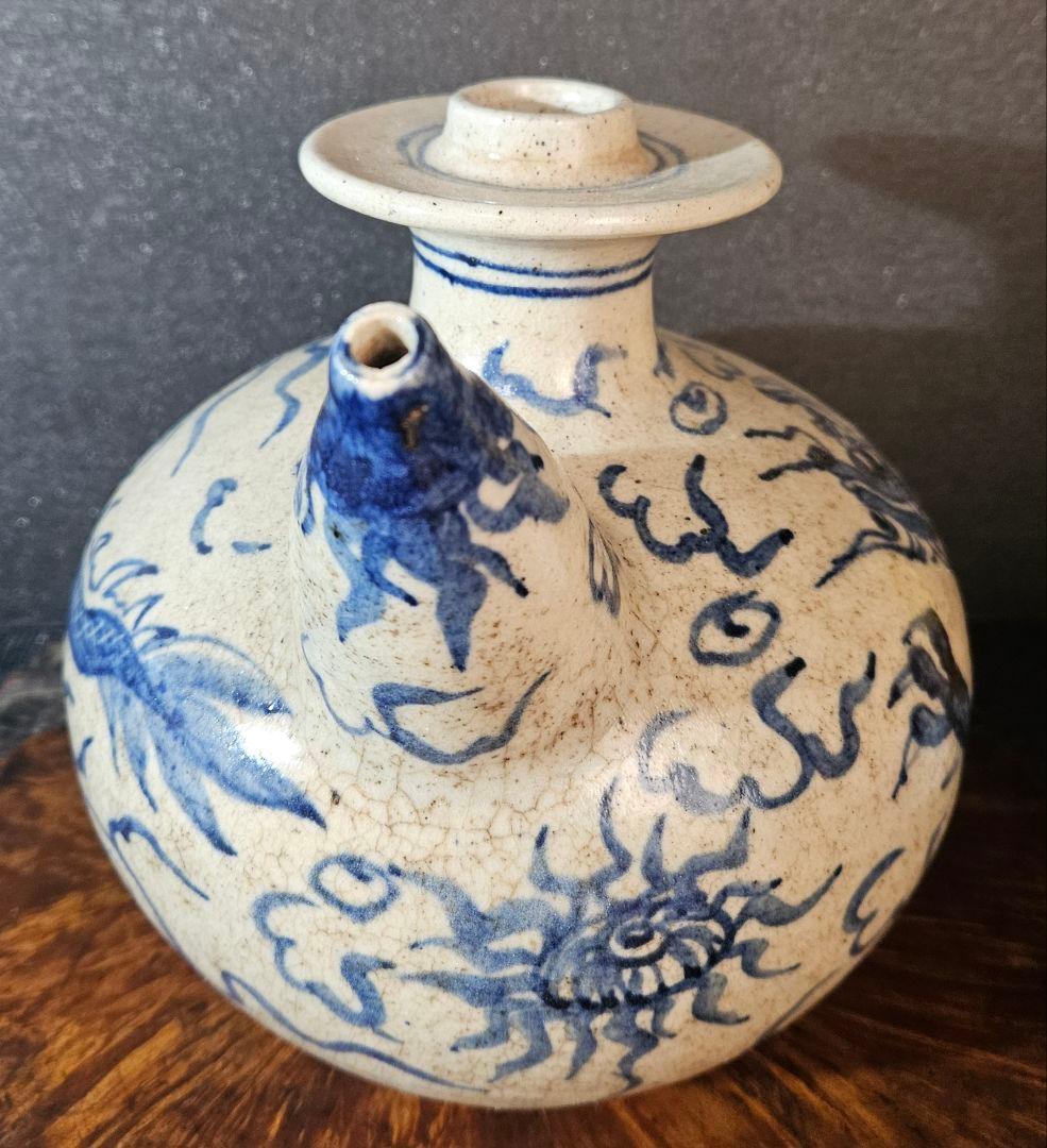 中国南方系古陶磁器　李朝系古陶磁器　青華　雲龍図　水瓶　酒瓶　酒注ぎ　壺　花入れ