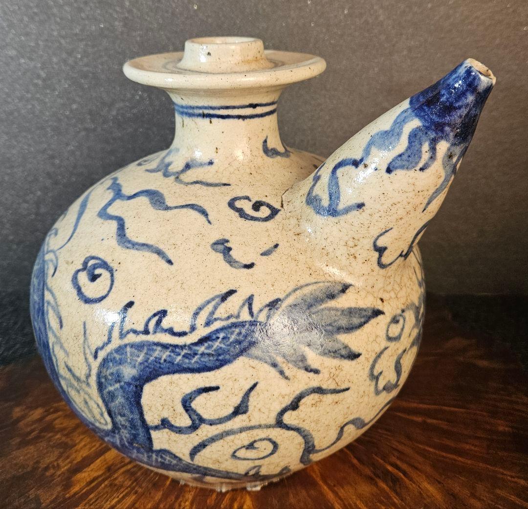 中国南方系古陶磁器　李朝系古陶磁器　青華　雲龍図　水瓶　酒瓶　酒注ぎ　壺　花入れ