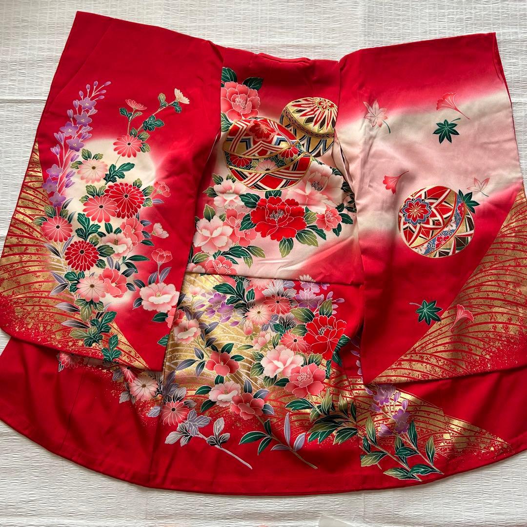 七五三 3歳 着物 絹 被布 絞り柄 三歳 赤 草履 753 巾着