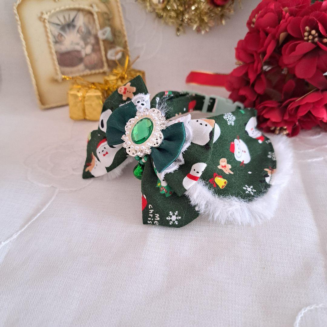 クリスマスシリーズ(緑シマナガエ)わんちゃん猫ちゃん用襟つき首輪