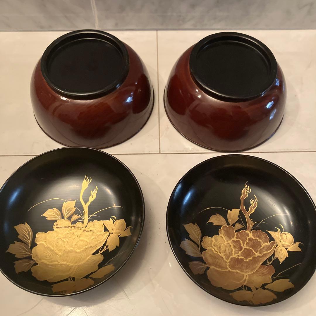 ユリコ様アンティーク明治　金彩の蝶々や牡丹の花が美し過ぎる木製輪島漆塗りお椀2客