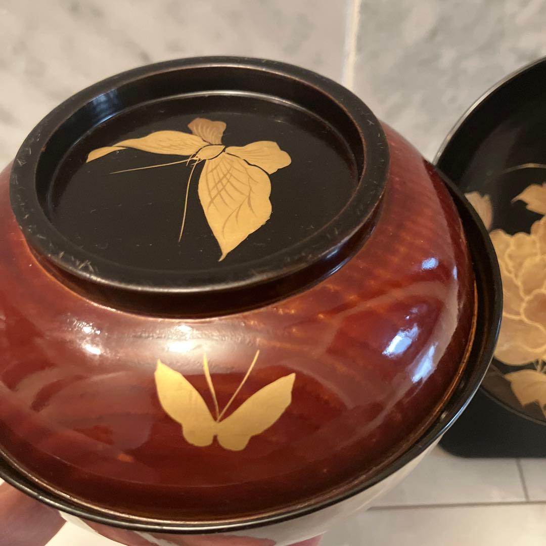ユリコ様アンティーク明治　金彩の蝶々や牡丹の花が美し過ぎる木製輪島漆塗りお椀2客