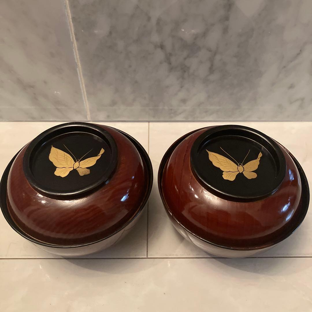 ユリコ様アンティーク明治　金彩の蝶々や牡丹の花が美し過ぎる木製輪島漆塗りお椀2客