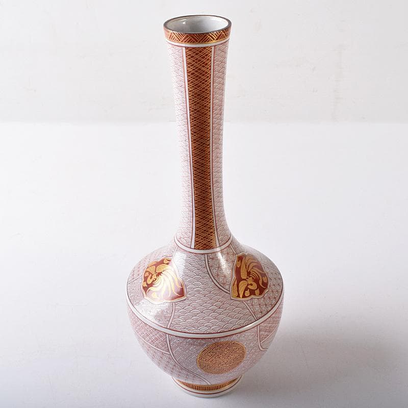 九谷焼　西野昭弘作　昭月造　本金赤細書小紋　鶴首花瓶　共箱　V　R8332B