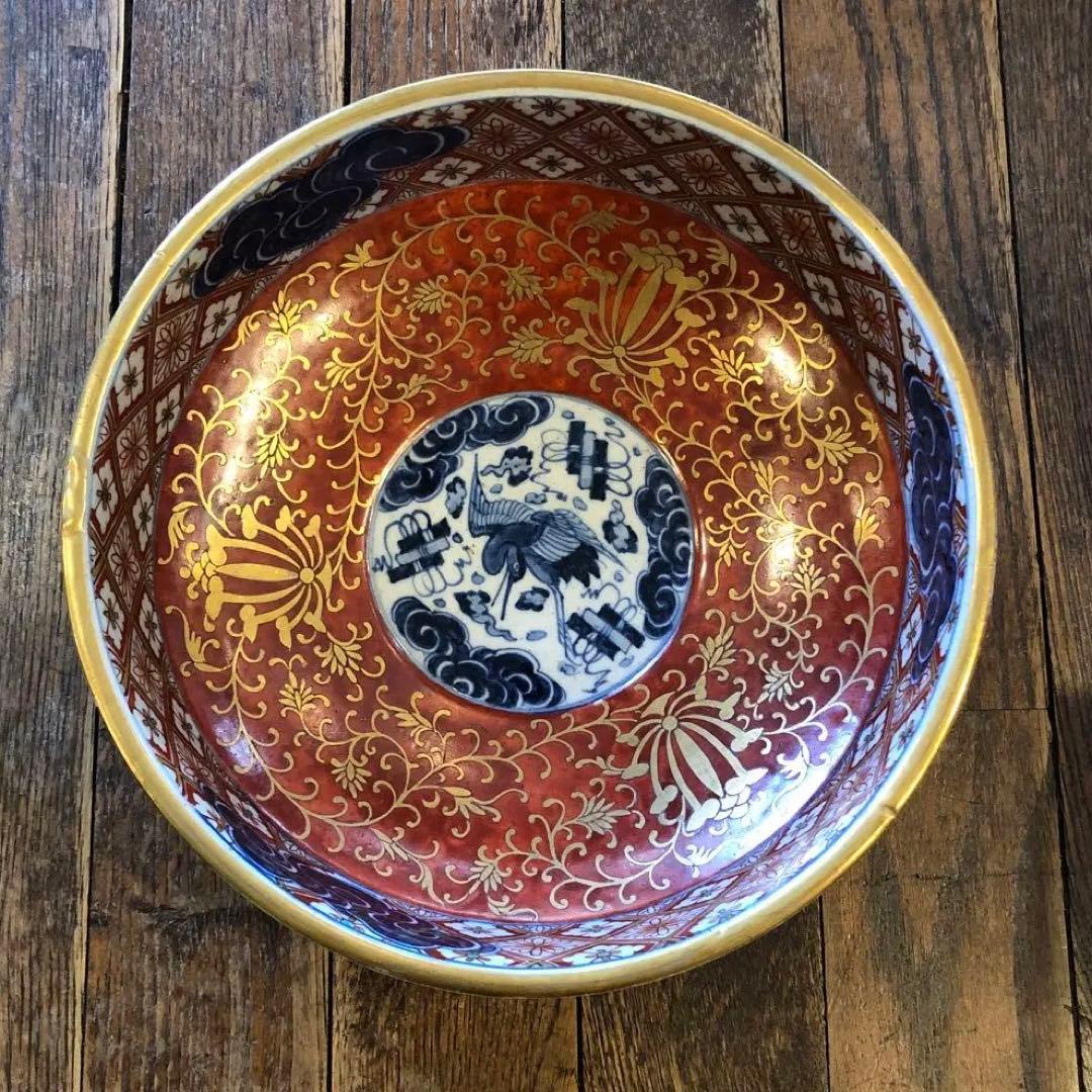 伊万里焼　赤絵雲鶴文大鉢　金蘭手　飾り鉢　煮物鉢　明治時代　木箱入