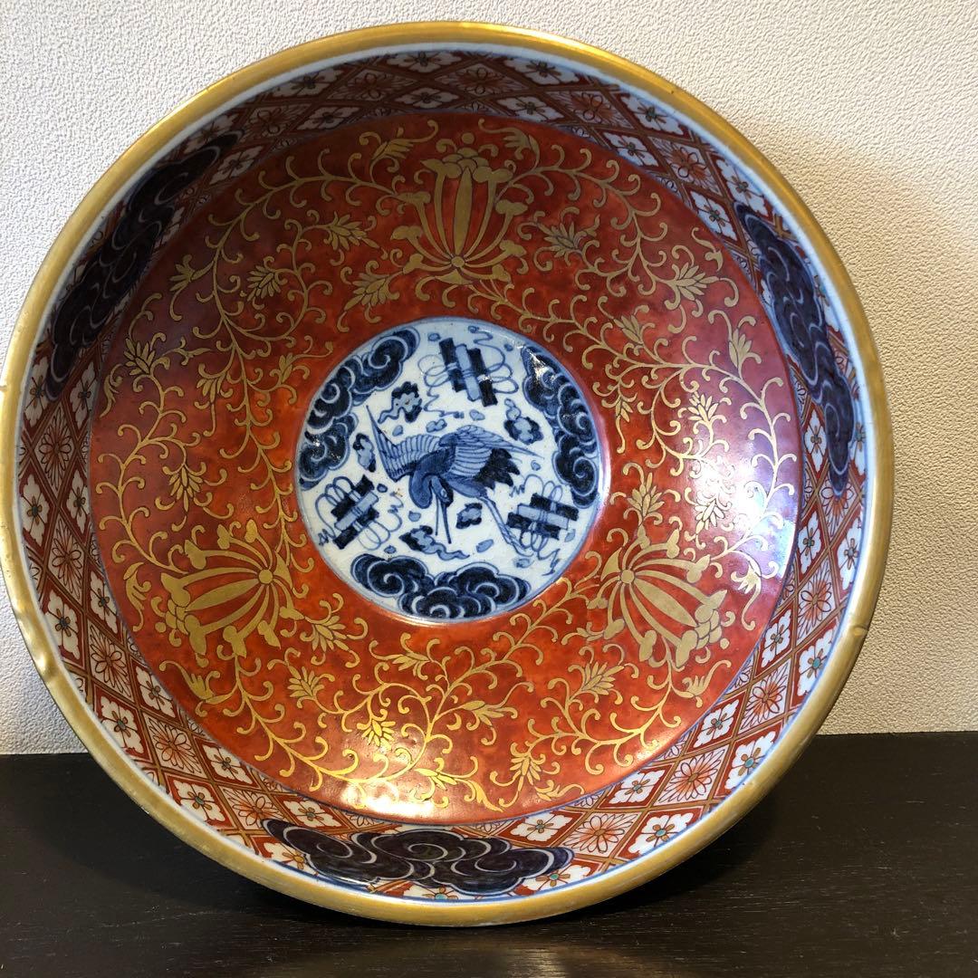 伊万里焼　赤絵雲鶴文大鉢　金蘭手　飾り鉢　煮物鉢　明治時代　木箱入
