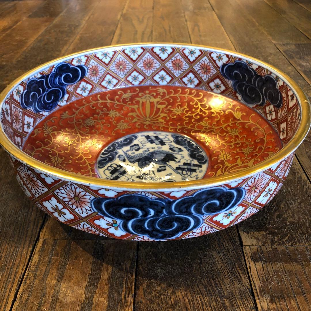 伊万里焼　赤絵雲鶴文大鉢　金蘭手　飾り鉢　煮物鉢　明治時代　木箱入