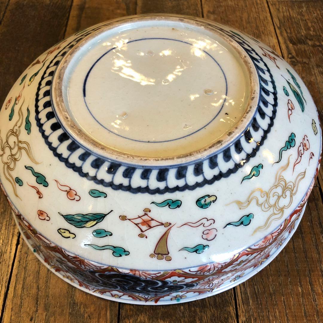 伊万里焼　赤絵雲鶴文大鉢　金蘭手　飾り鉢　煮物鉢　明治時代　木箱入