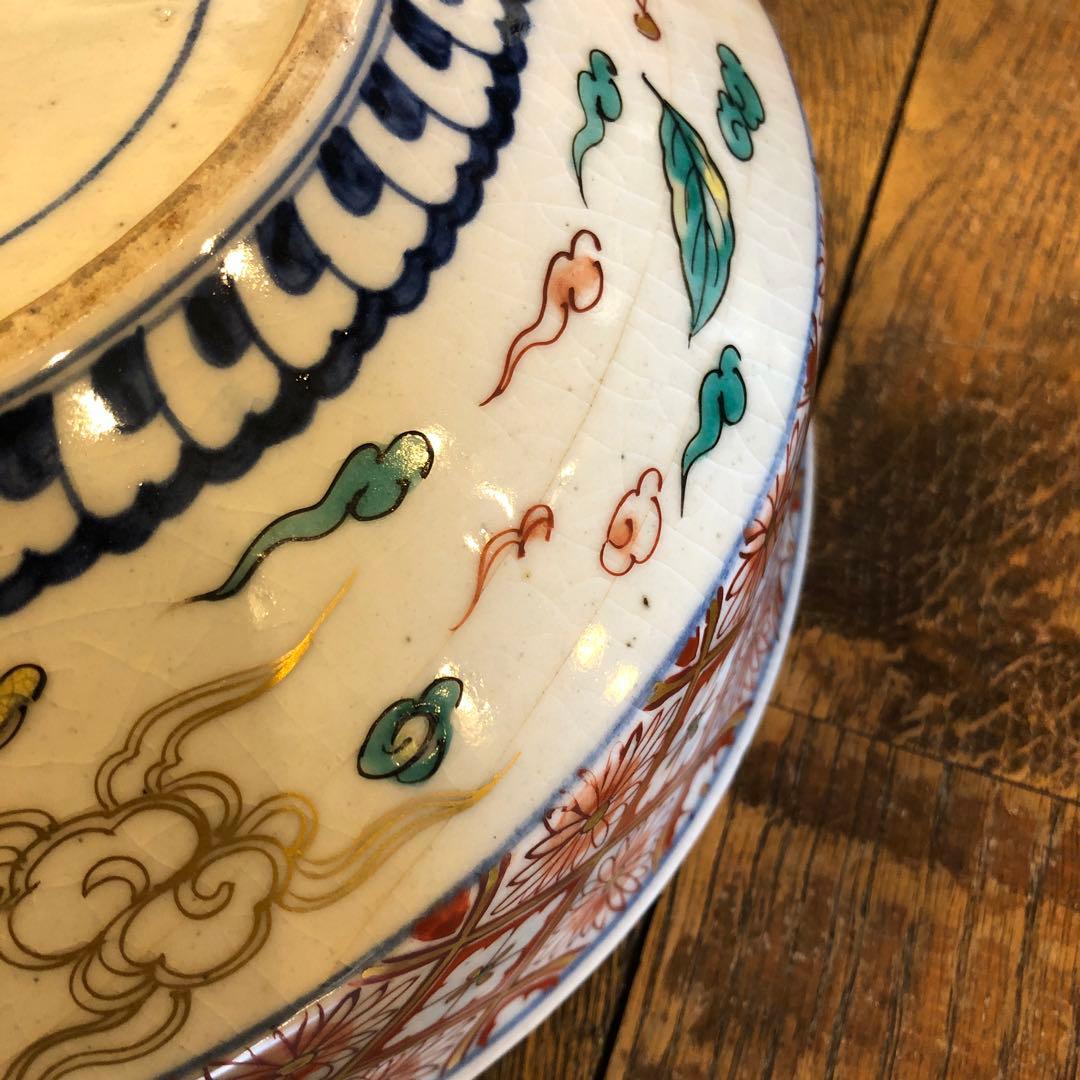 伊万里焼　赤絵雲鶴文大鉢　金蘭手　飾り鉢　煮物鉢　明治時代　木箱入