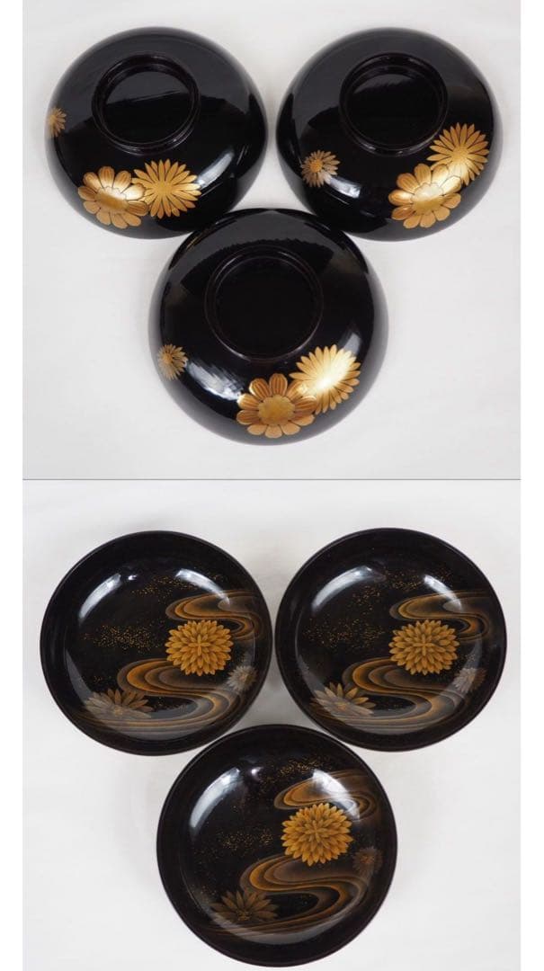 送料無料　江戸～明治日本橋老舗黒江屋　蔦家紋　本塗地散菊花金蒔絵吸物椀10客共箱