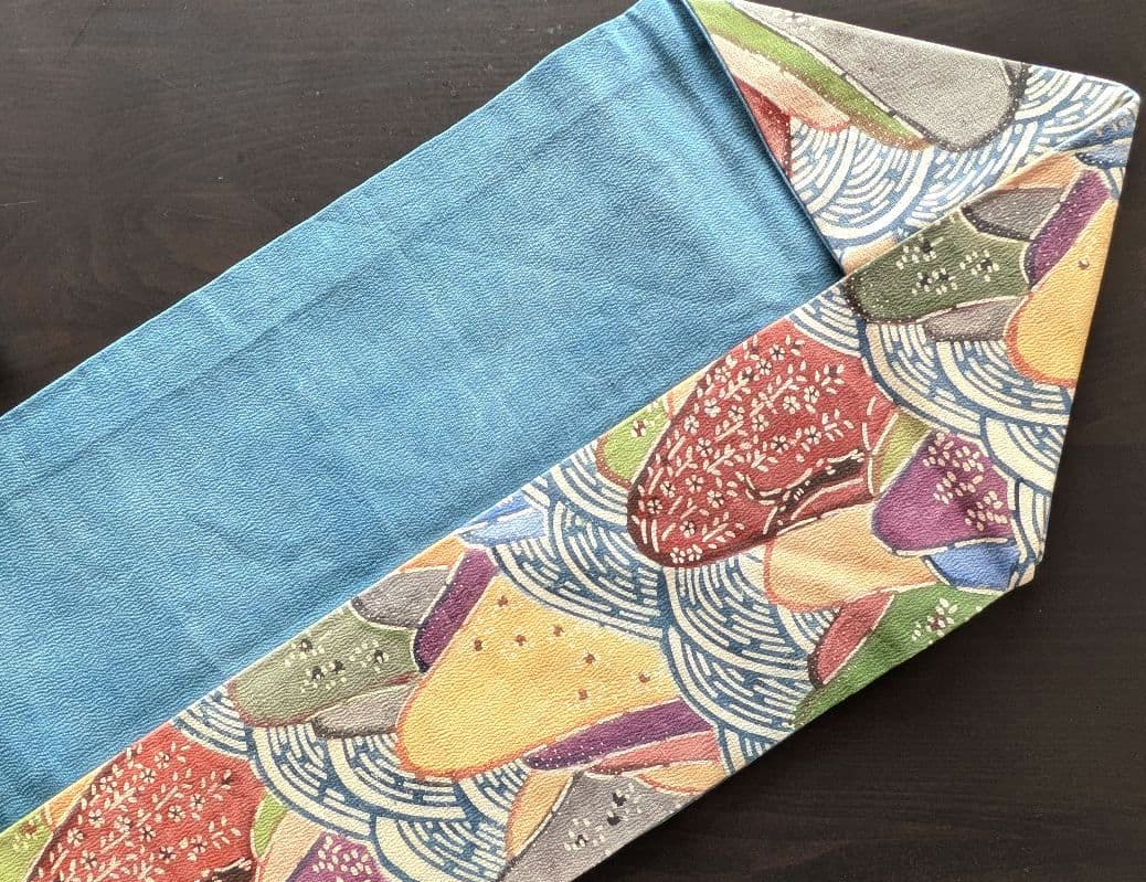 正絹　紬　紅型染め名古屋帯　遠山