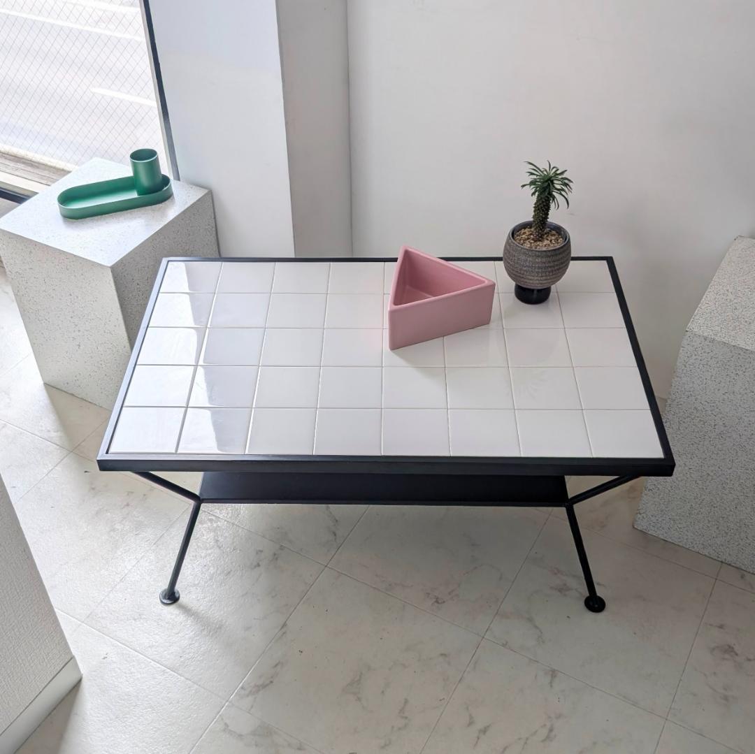 アイアンフレーム タイル テーブル 白 90s ビンテージ ミッドセンチュリー