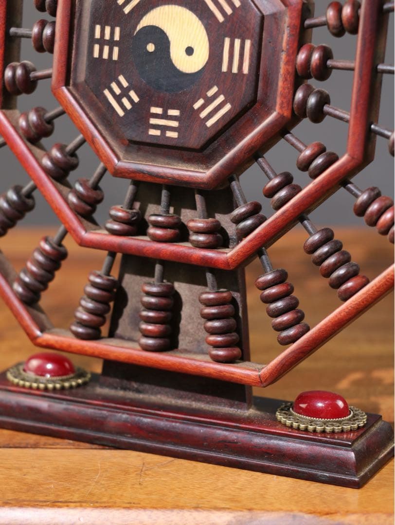 旧蔵　時代物　赤木製　八卦算盤　そろばん　運気が上昇回転屏風付きの飾り品 置物