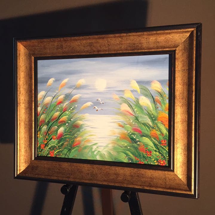 手書き油絵 海と海鳥 額付 絵画 インテリア