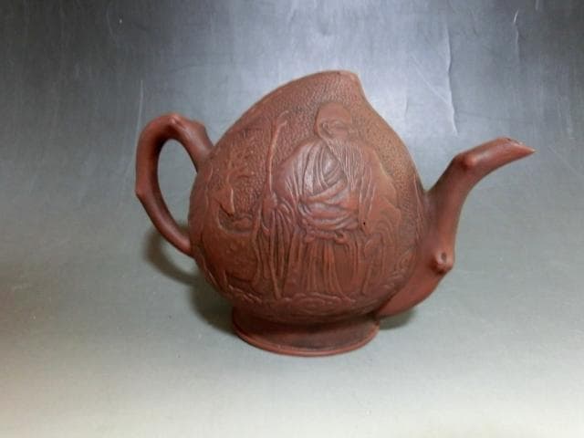水注■朱泥水注 桃実壺 水次 人物絵 桃型 急須 水滴 古玩 唐物 中国骨董品■