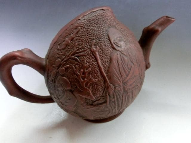 水注■朱泥水注 桃実壺 水次 人物絵 桃型 急須 水滴 古玩 唐物 中国骨董品■
