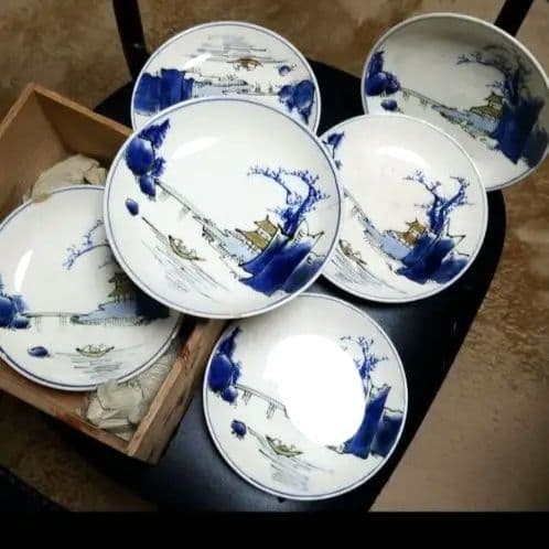 時代物 九谷 明治以前染め付けの16センチ弱のおさら6枚です