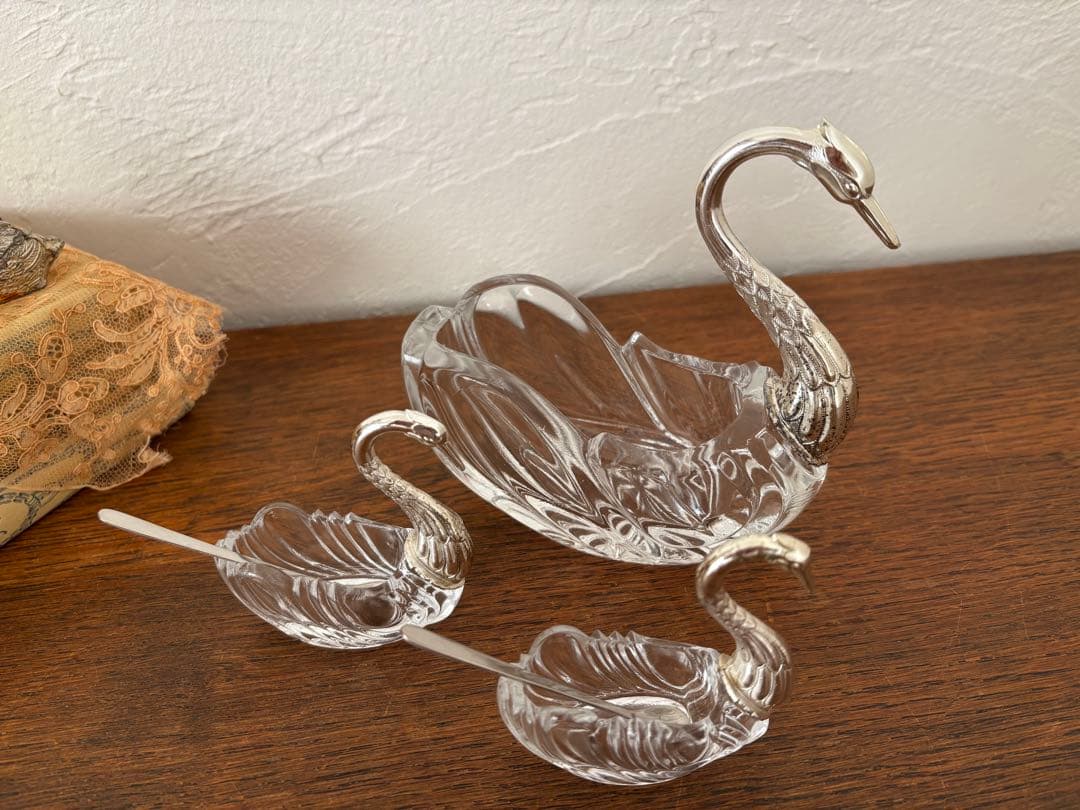 白鳥　スワン　3個セット　調味料入れ　クリスタルガラス