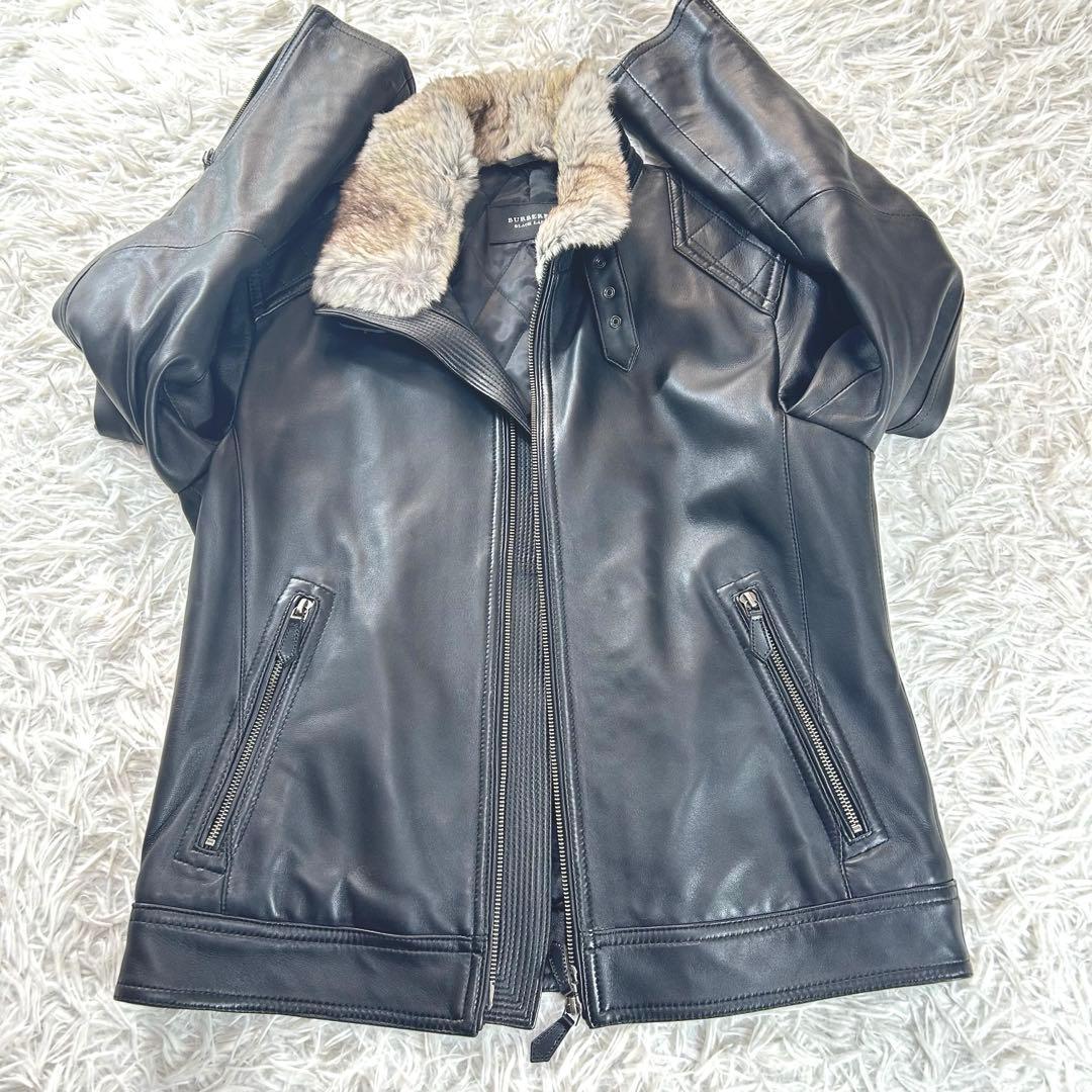 バーバリーブラックレーベル　レザージャケット　羊革　ラビットファー　XL 黒