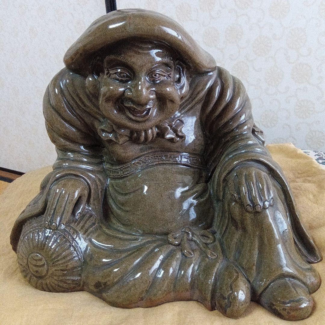 【古萩】青釉 大黒天 置物【三輪窯3代作】人間国宝 三輪休和(休雪)極め