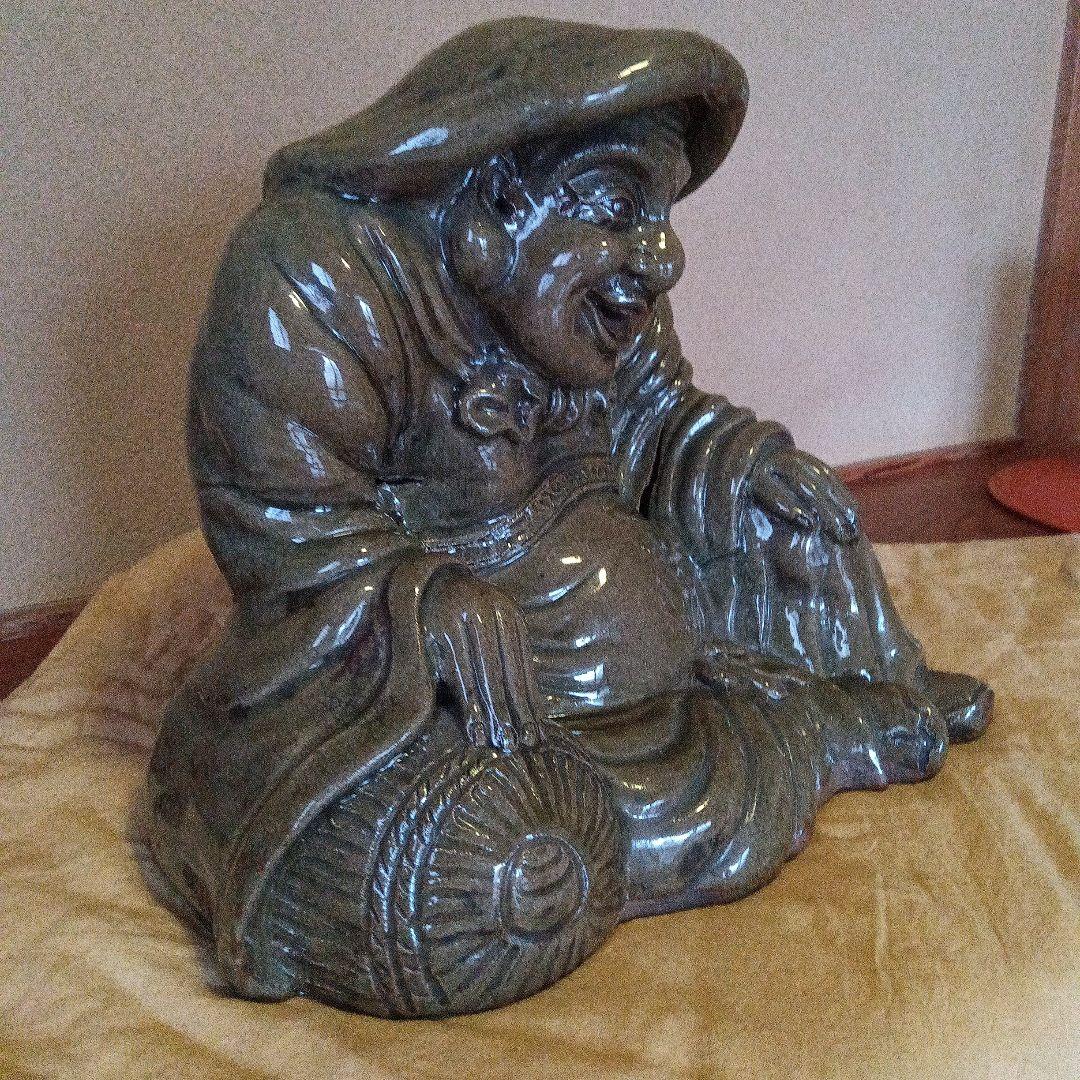 【古萩】青釉 大黒天 置物【三輪窯3代作】人間国宝 三輪休和(休雪)極め