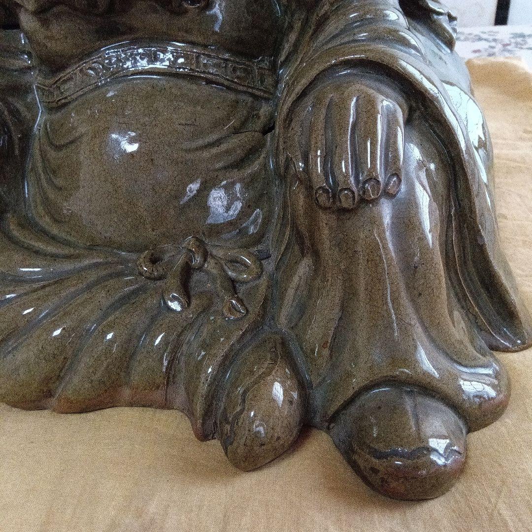 【古萩】青釉 大黒天 置物【三輪窯3代作】人間国宝 三輪休和(休雪)極め