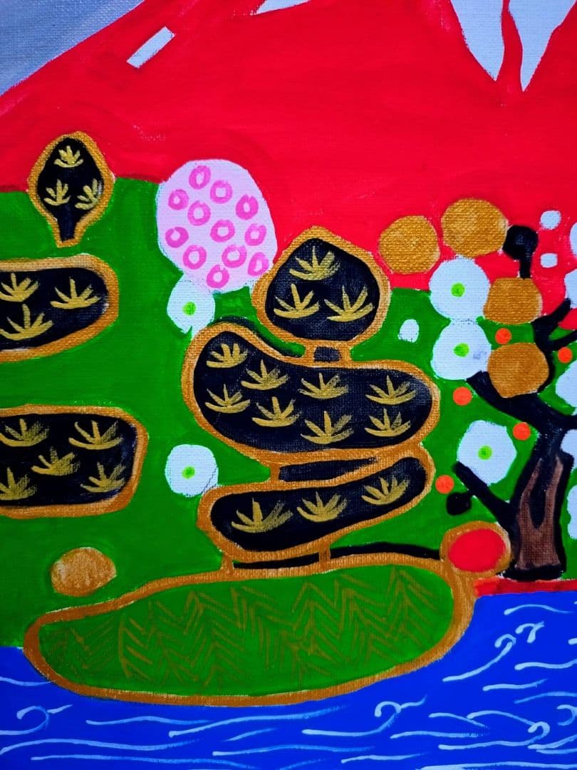 【F6号】片岡球子【花咲く富士】手描き作品/サイン有/油彩/アクリル/額縁/額装