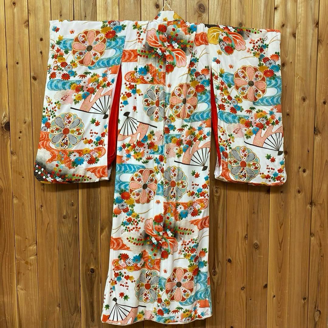 女の子 正絹 着物 七五三 七草 晴れ着 総柄 和柄 レトロ
