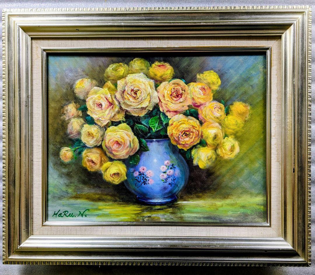 画家haru☆油彩画F６号☆幸せを運ぶ☆黄色い薔薇☆☆肉筆画☆