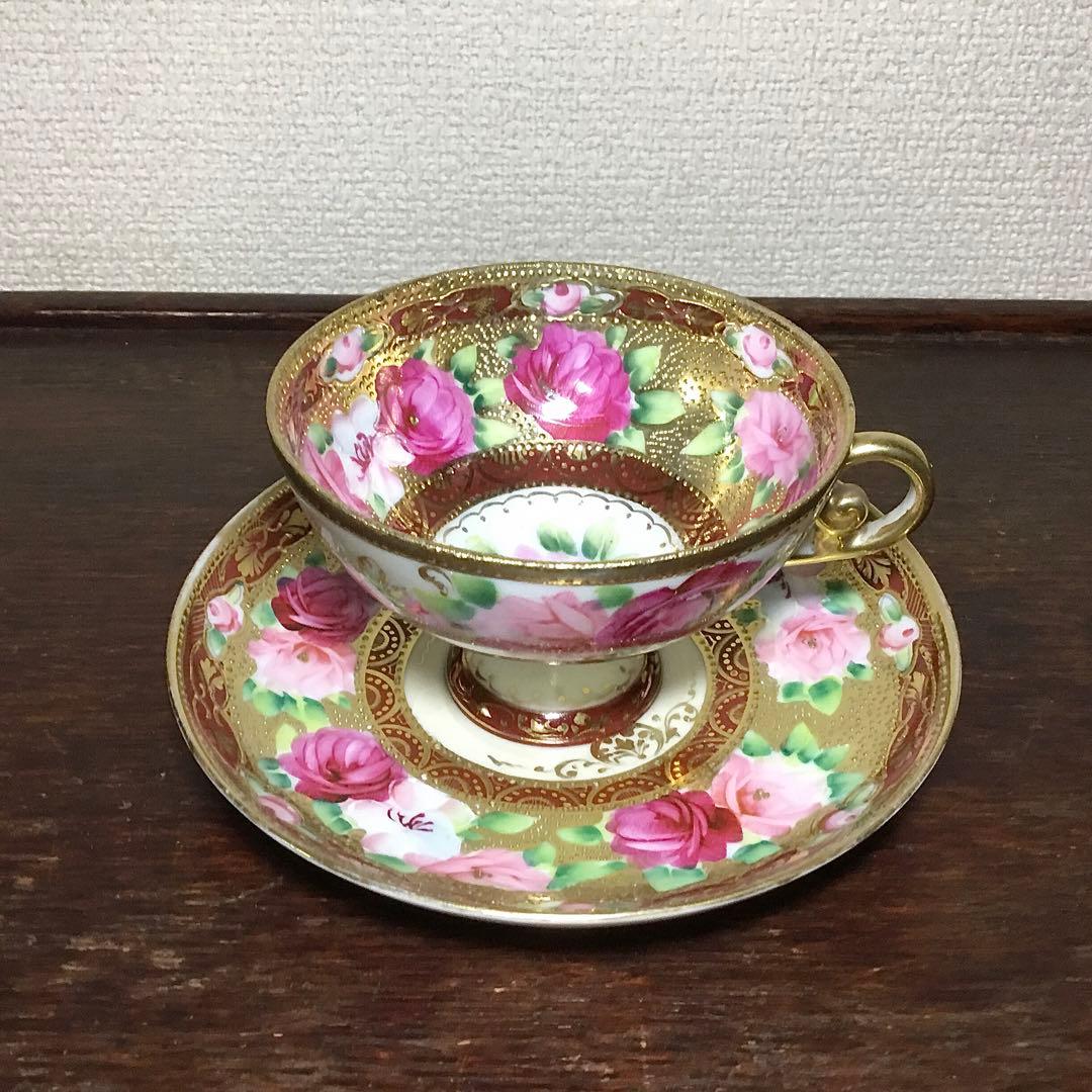 オールド名陶◆ティーカップ ソーサー◆傷あり 金継ぎ用 金彩 薔薇 バラ 戦前