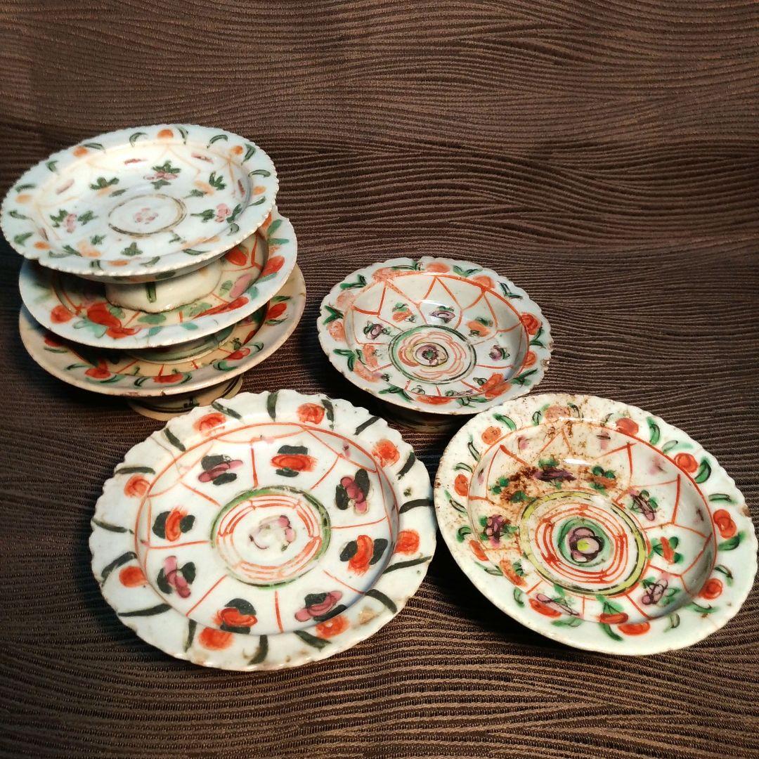 五彩 　花草紋 　古色絵杯　 高台皿 　古玩