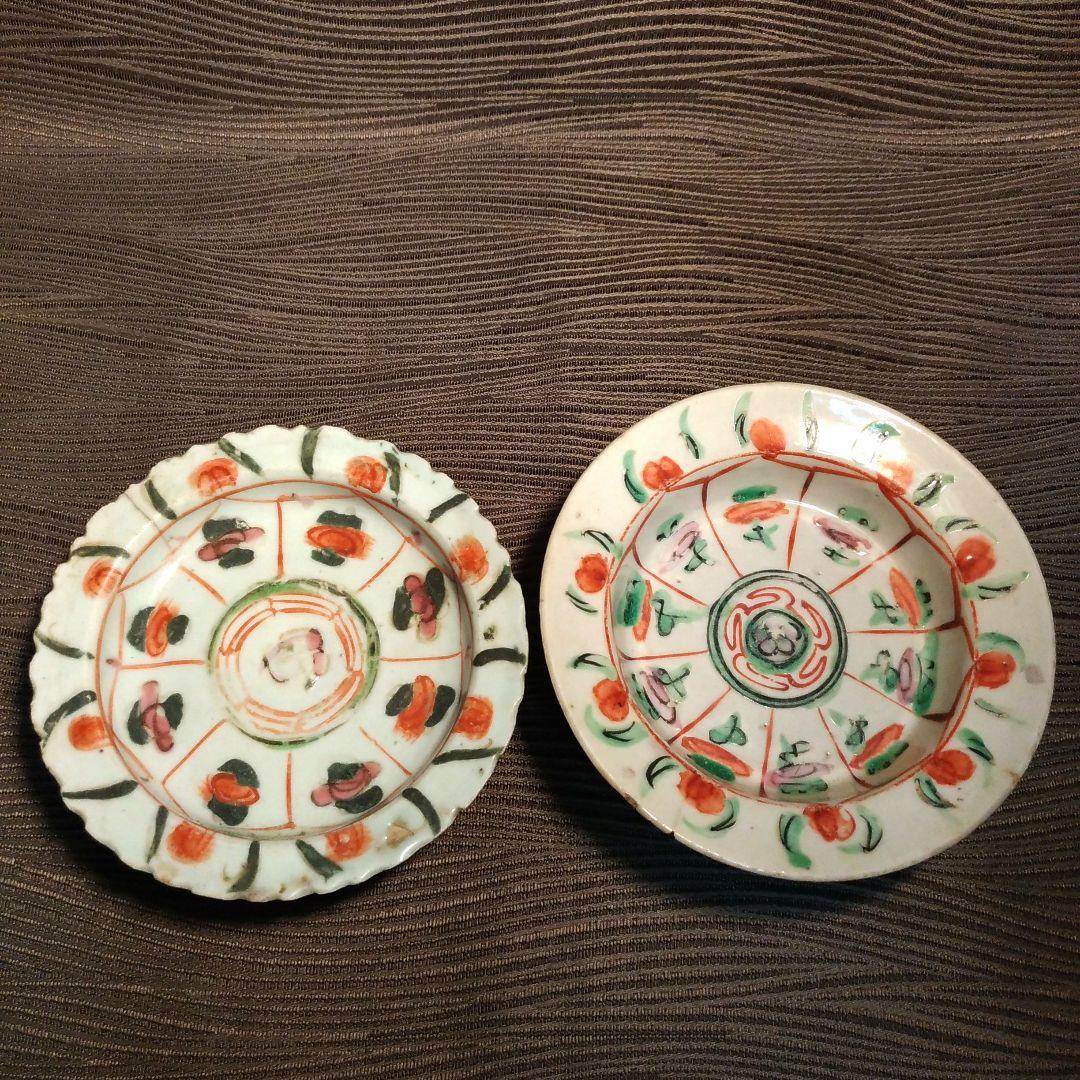 五彩 　花草紋 　古色絵杯　 高台皿 　古玩