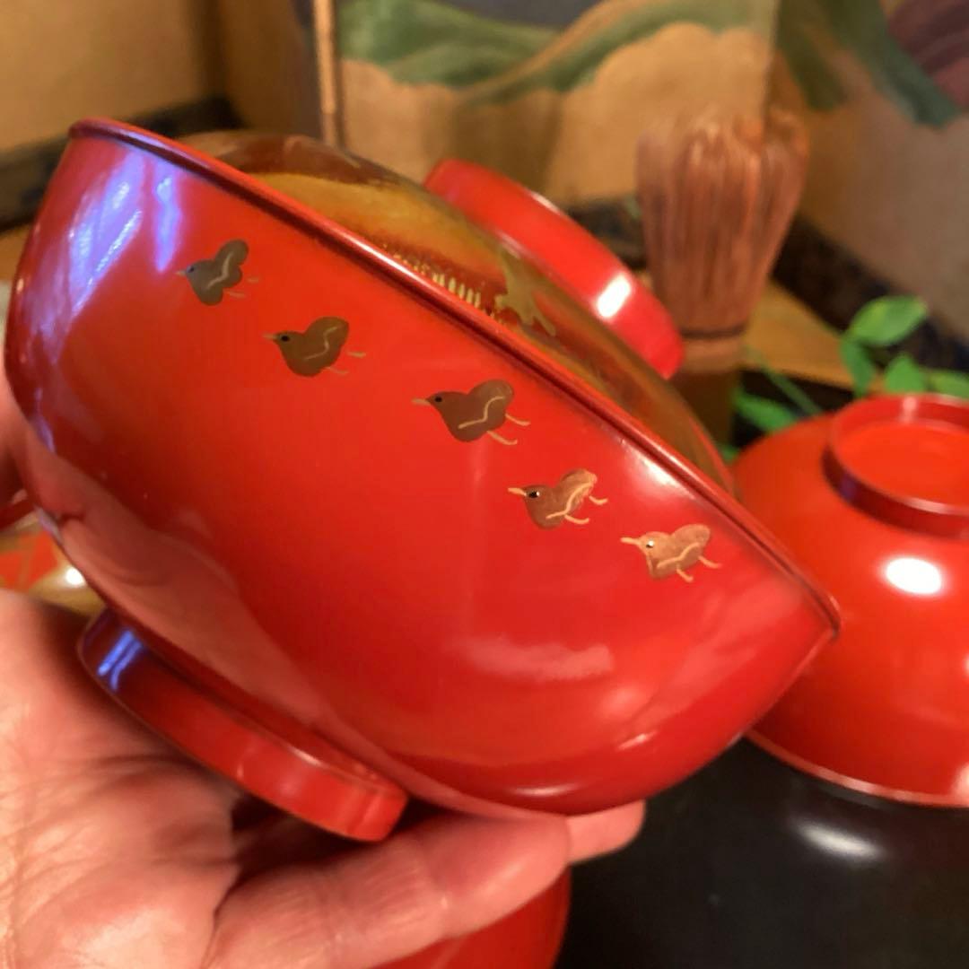 A903木製輪島塗　懐石道具　赤　古典風景蒔絵　『塗師銘仁左衛門』　4客