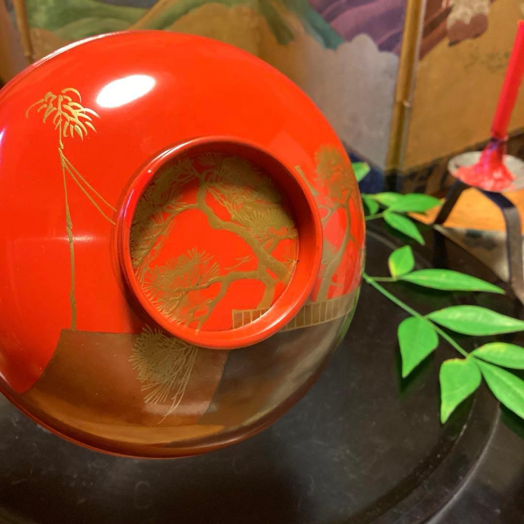 A903木製輪島塗　懐石道具　赤　古典風景蒔絵　『塗師銘仁左衛門』　4客