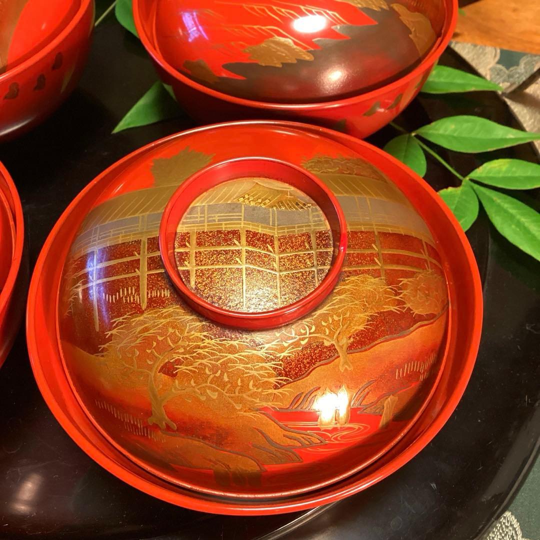 A903木製輪島塗　懐石道具　赤　古典風景蒔絵　『塗師銘仁左衛門』　4客