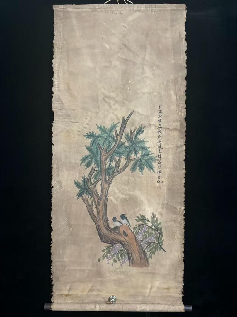 中国古美術 明代 呂紀 手描き掛軸 鳥と木の絵画 絹本 三尺巻き物 書画 中堂画