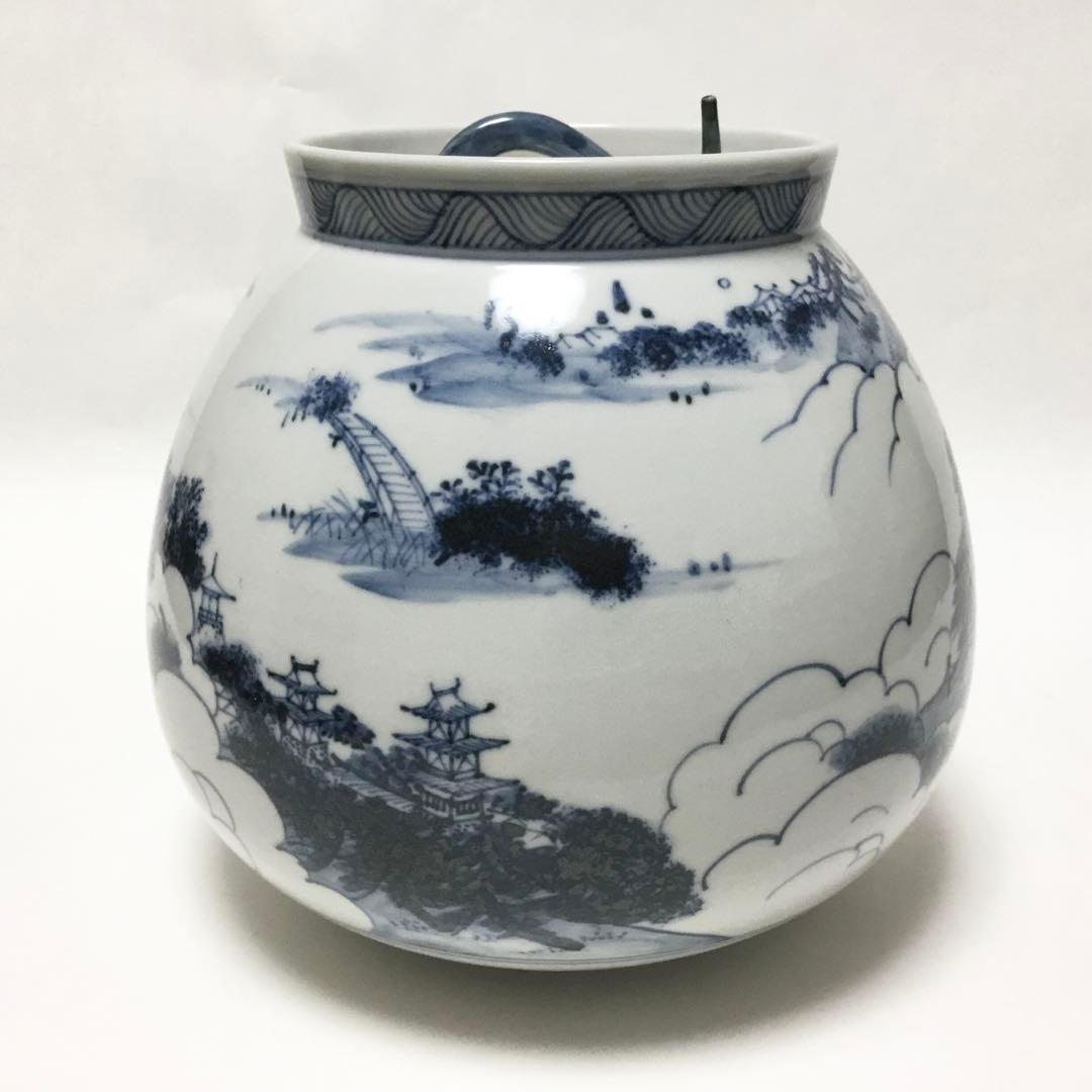 芋頭水指 染付 膳所焼 陽炎園 木箱難あり 茶道具 古物品