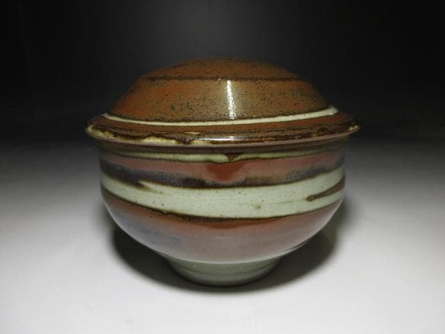 人間国宝 濱田庄司 柿釉 合子／共箱 共布付き／蓋物 菓子器