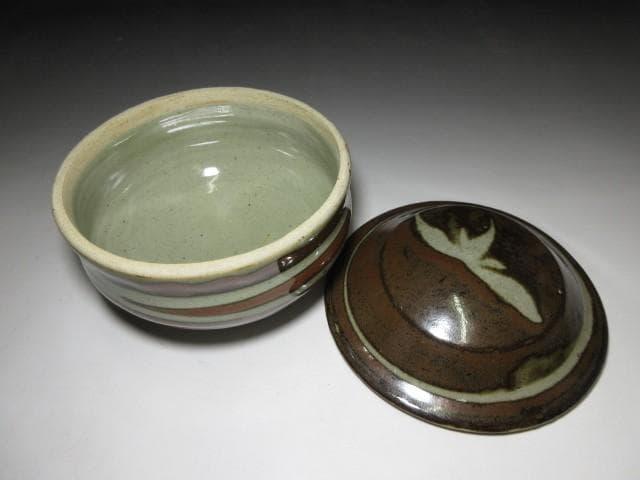 人間国宝 濱田庄司 柿釉 合子／共箱 共布付き／蓋物 菓子器