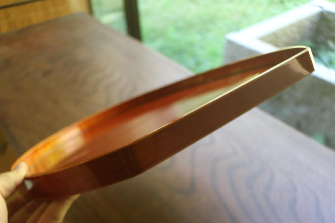 デッドストック！優美な拭き漆の映える春慶塗の半月盆（検漆器漆盆茶道具お盆お膳