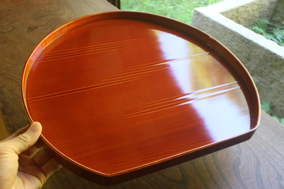 デッドストック！優美な拭き漆の映える春慶塗の半月盆（検漆器漆盆茶道具お盆お膳