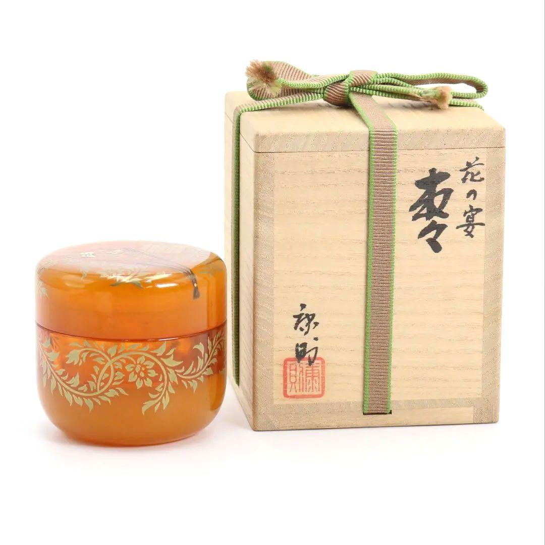 坂本康則作 琥珀製? 花の宴蒔絵 棗 茶道具 共箱共布　rC783　N4