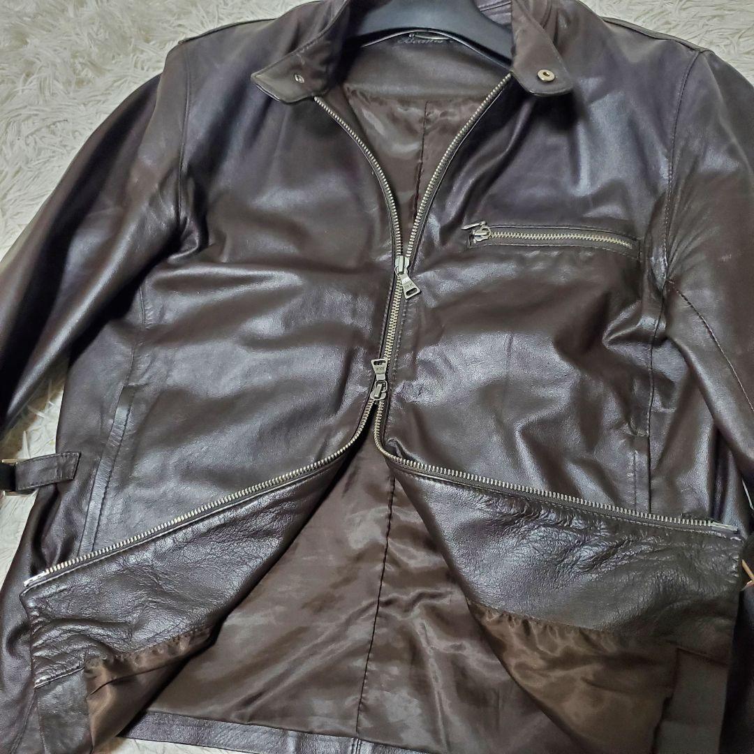 美品 BEAMS ラムレザー 薄手ライダース シングル L ダークブラウン