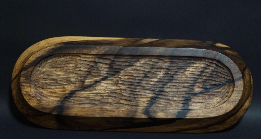 木製 黒柿 盆 刳り貫き煎茶盆 一文字盆 楕円盆☆長さ38.9cm☆煎茶道具