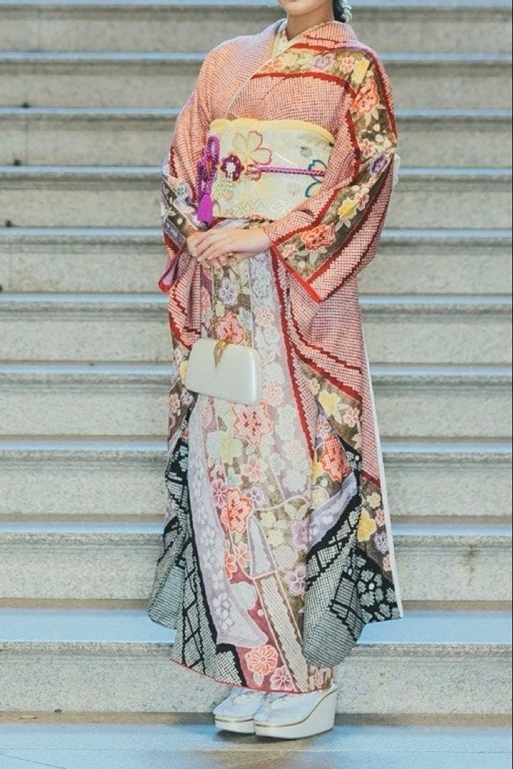 総絞り　桜　熨斗　振袖　成人式　フルセット　正絹　赤